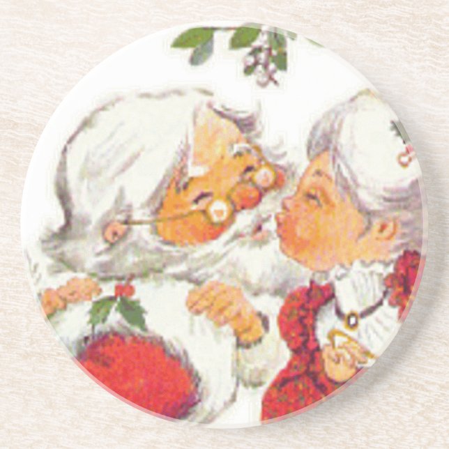 Vintage Christmas Santa Kissing Mrs Claus Coaster (Front)
