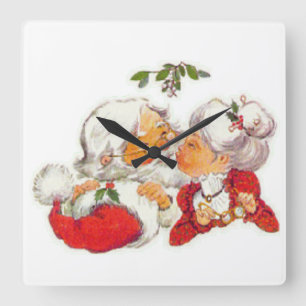 Vintage Christmas Santa Kissing Mrs Claus Square Wall Clock
