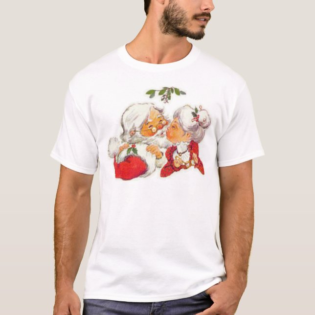 Vintage Christmas Santa Kissing Mrs Claus T-Shirt (Front)