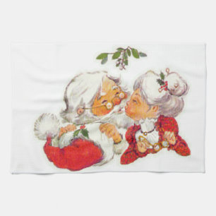 Vintage Christmas Santa Kissing Mrs Claus Tea Towel
