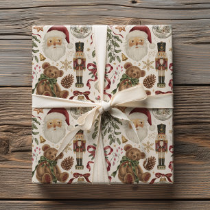 Vintage Christmas Santa Nutcracker Teddy Bear Wrapping Paper
