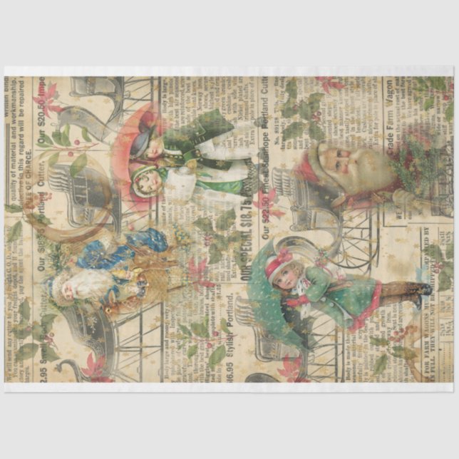 Vintage Christmas Santa Old Newspaper Children  Tissue Paper (Front)