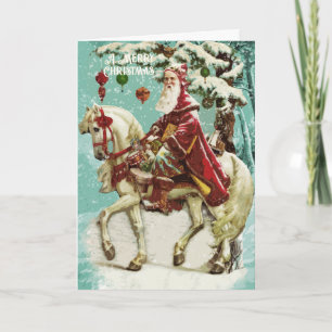 Vintage Christmas Santa on Horse Tree and Toys Card