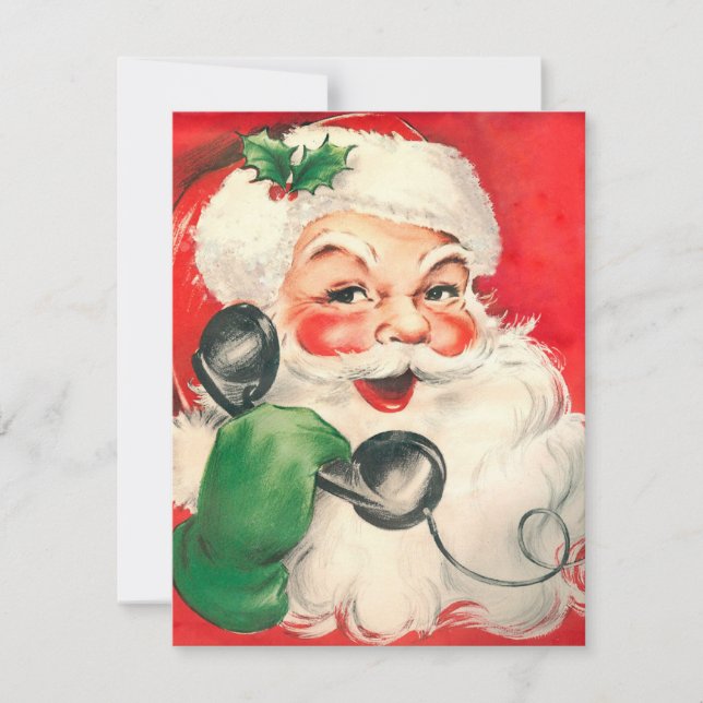 Vintage Christmas Santa On Phone Holiday Card (Front)