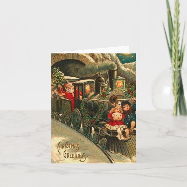 Vintage Christmas Santa On Train Holiday Card (Front)