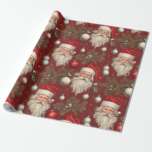 Vintage Christmas Santa, Ornaments, Pinecones  Wrapping Paper