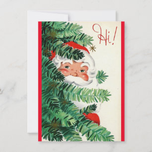 Vintage Christmas Santa Peeking Around Tree Holiday Card