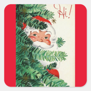 Vintage Christmas Santa Peeking Around Tree Square Sticker
