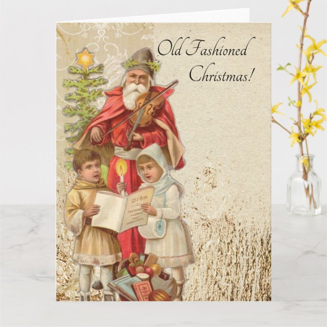 Vintage Christmas Santa Playing Violin Kids Tree Card (Yellow Flower)