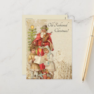 Vintage Christmas Santa Playing Violin Kids Tree Holiday Postcard