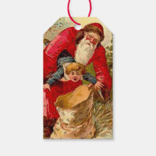 Vintage Christmas Santa Putting Child In Bag Gift Tags