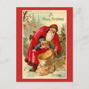 Vintage Christmas Santa Putting Child In Bag Holiday Postcard