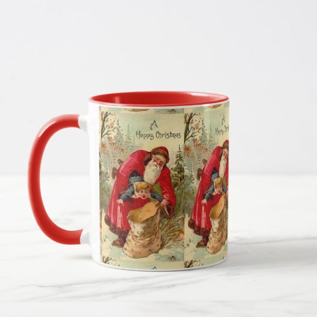 Vintage Christmas Santa Putting Child In Bag Mug (Left)