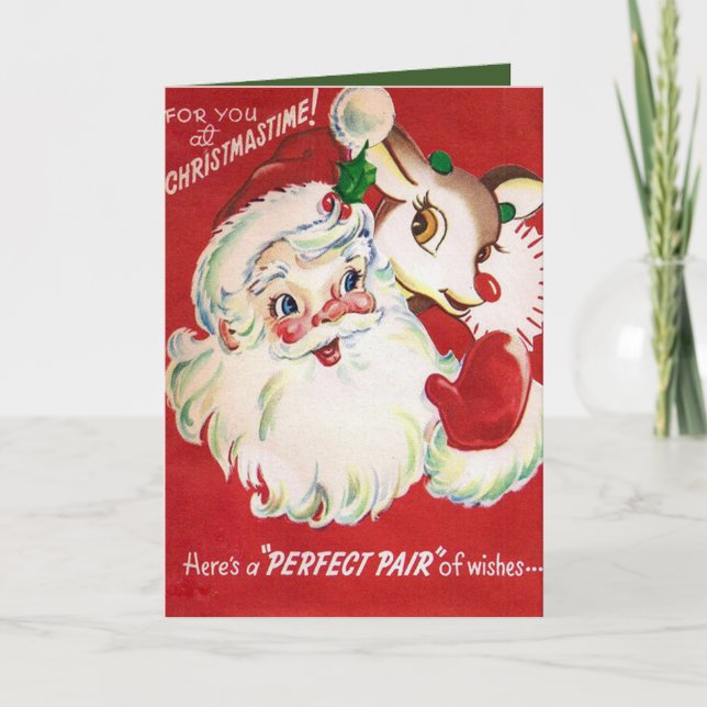 Vintage Christmas Santa reindeer add text card (Front)