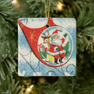 Vintage Christmas Santa Reindeer Flying helicopter Ceramic Ornament