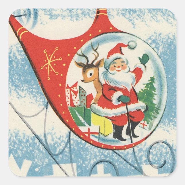 Vintage Christmas Santa Reindeer Flying helicopter Square Sticker (Front)