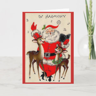 Vintage Christmas - Santa & Reindeer in Harmony, Holiday Card