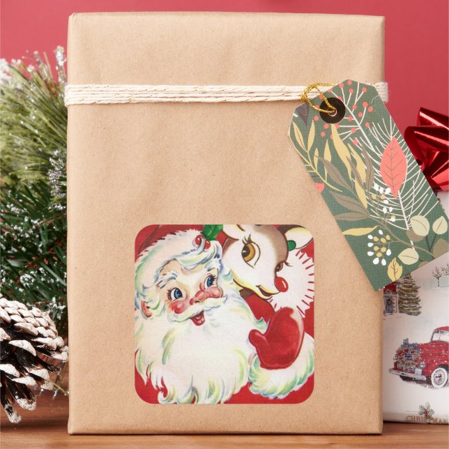 Vintage Christmas Santa reindeer retro sticker (Holiday)