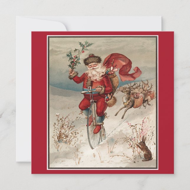Vintage Christmas Santa Riding Bicycle  Holiday Card (Front)