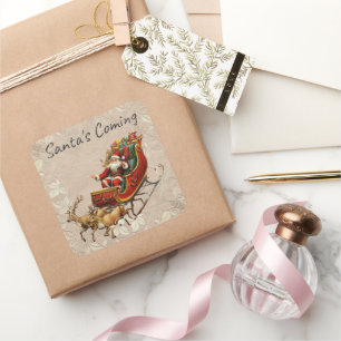 Vintage Christmas Santa Sleigh Reindeer Square Sticker
