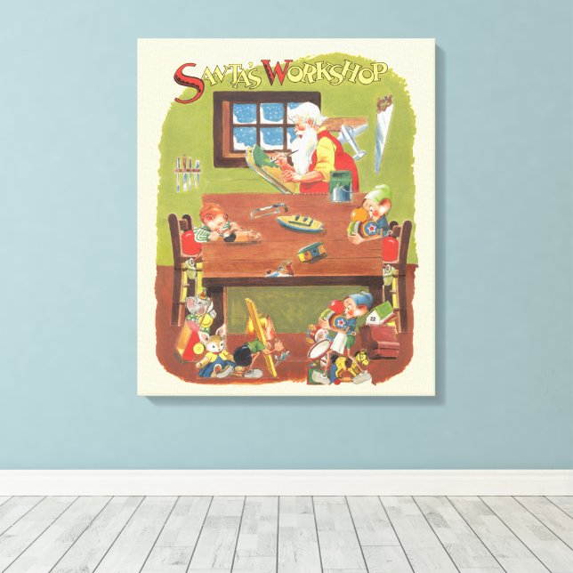 Vintage Christmas Santa with Elves in the Workshop Canvas Print (Insitu(Wood Floor))