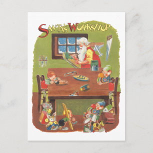 Vintage Christmas Santa with Elves in the Workshop Holiday Postcard
