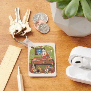 Vintage Christmas Santa with Elves in the Workshop Key Ring