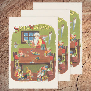 Vintage Christmas Santa with Elves in the Workshop Wrapping Paper Sheet