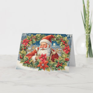 Vintage Christmas Santa With Poinsettia Wreath Holiday Card