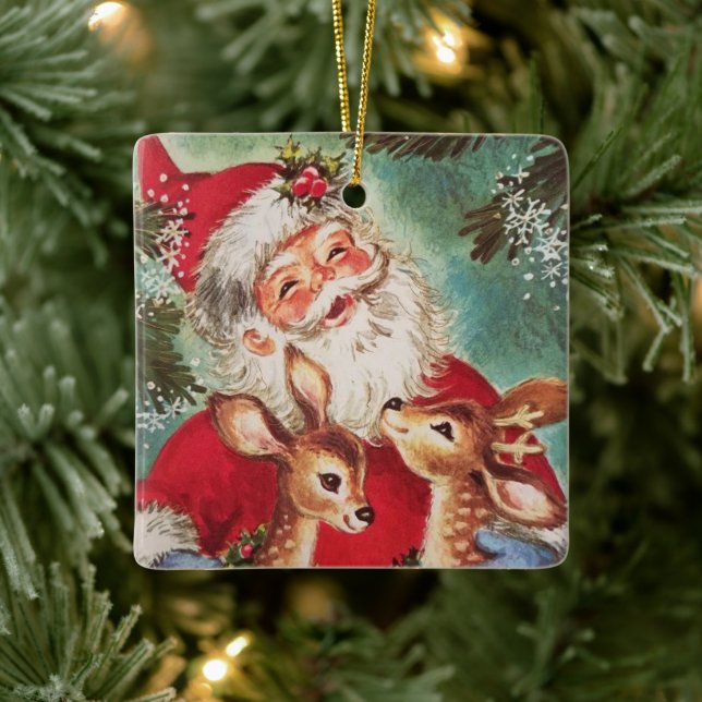 Vintage Christmas Santa With Reindeer Ceramic Ornament (Tree)