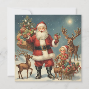 Vintage Christmas Santa with Reindeers & Presents  Card