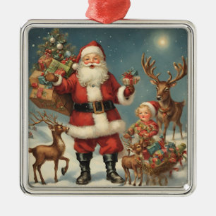 Vintage Christmas Santa with Reindeers & Presents Metal Tree Decoration