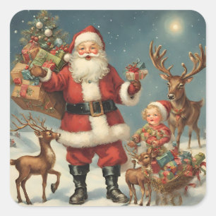 Vintage Christmas Santa with Reindeers & Presents  Square Sticker