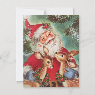 Vintage Christmas Santa With Riendeer Holiday Card
