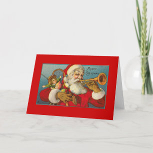 Vintage Christmas Santa WITH TRUMPET Holiday Card