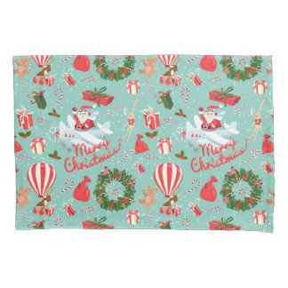 Vintage Christmas, Santa, wreath, Teddy Bear Pillowcase