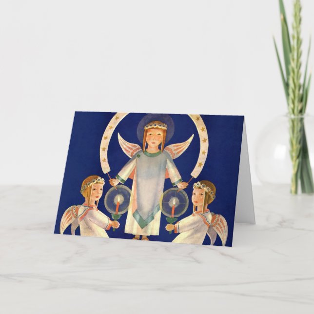 Vintage Christmas, Scandinavian Santa Lucia Angels Holiday Card (Front)