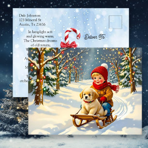 Vintage Christmas Scene, Boy on Sled with Puppy Holiday Postcard