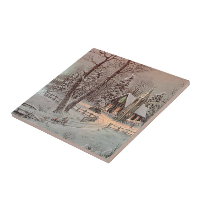 Vintage Christmas Scene Church Ceramic Tile (Side)