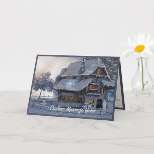 Vintage Christmas Scene Cottage Snowman Card