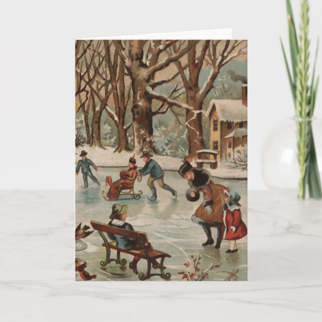 Vintage Christmas scene ice skating Holiday Card (Front)