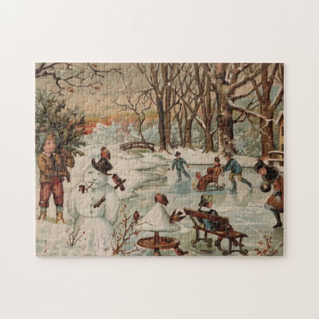 Vintage Christmas scene ice skating Jigsaw Puzzle (Horizontal)