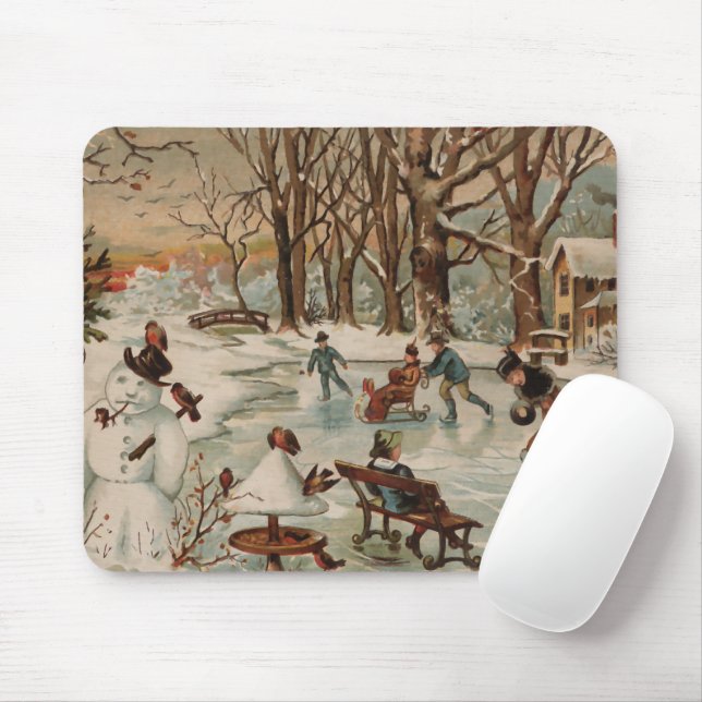 Vintage Christmas scene ice skating Mouse Mat (With Mouse)