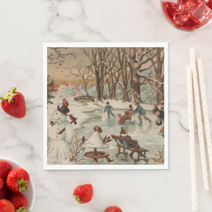 Vintage Christmas scene ice skating Napkin