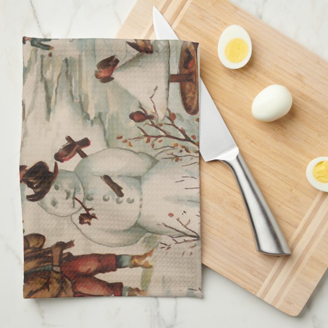 Vintage Christmas scene ice skating Tea Towel (Quarter Fold)