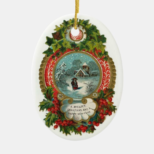 Vintage Christmas Scene Oval Ornament (Front)