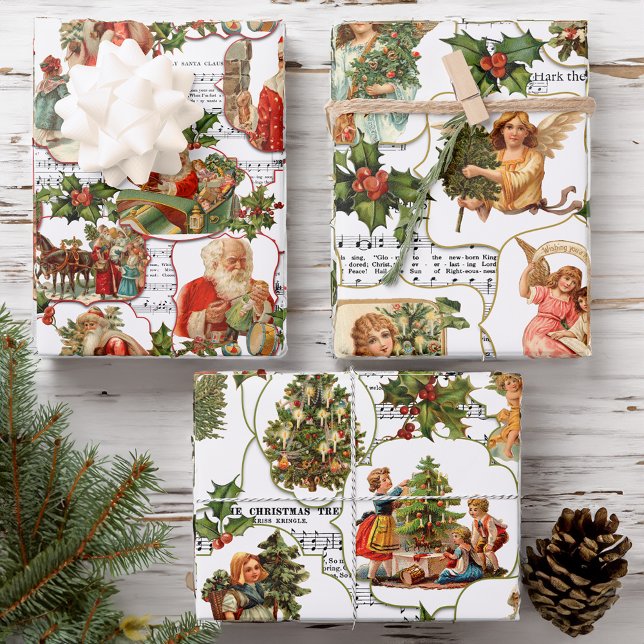 Vintage Christmas Scenes, Holly & Music Collage Wrapping Paper Sheet (Creator Uploaded)