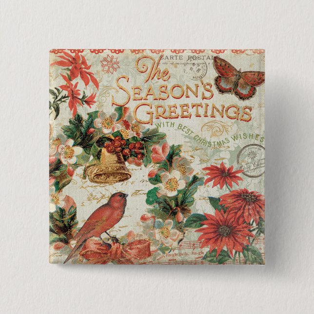 Vintage Christmas Season's Greetings 15 Cm Square Badge (Front)