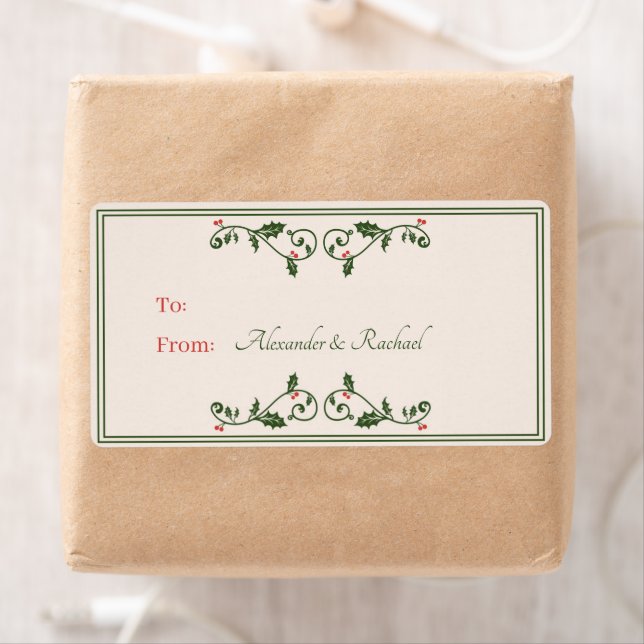 Vintage Christmas self stick gift tag Holly Berry (Insitu)