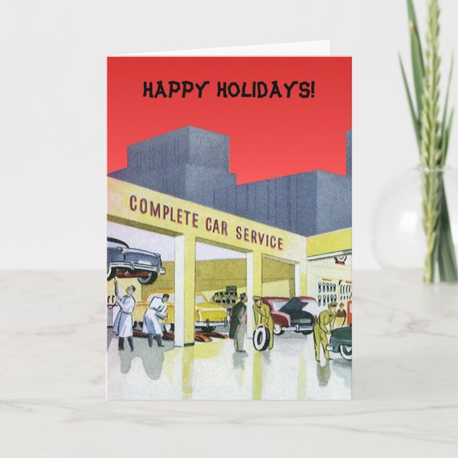 Vintage Christmas, Service Garage Auto Mechanics Holiday Card (Front)